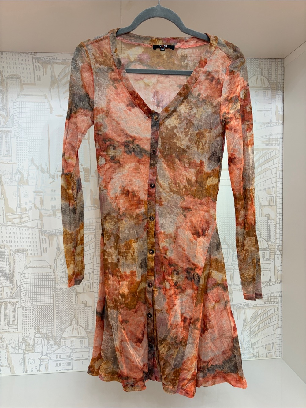 V-Neck Button-Front Tunic Dress in Coral Multi